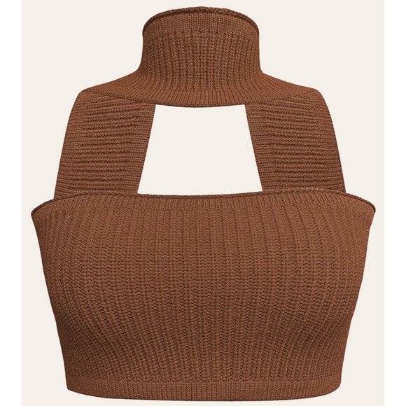 Womens|Knit Halter Crop Top|Brown|Large L|Medium M|Stretch|Sleeveless - Picture 4 of 9